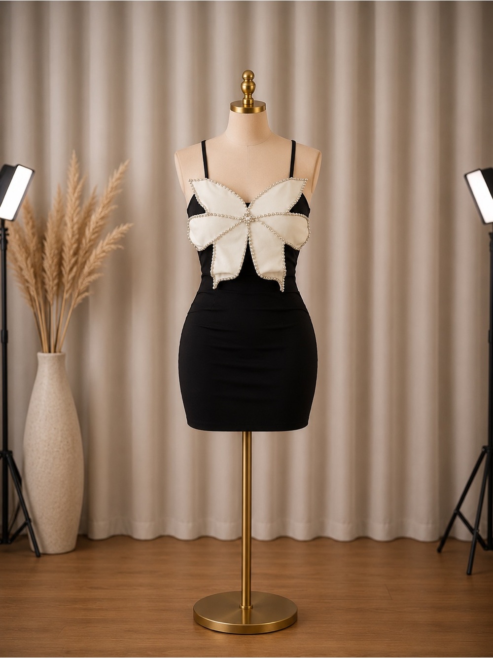 Black Mini Dress with Pearl-Trimmed White Butterfly Accent